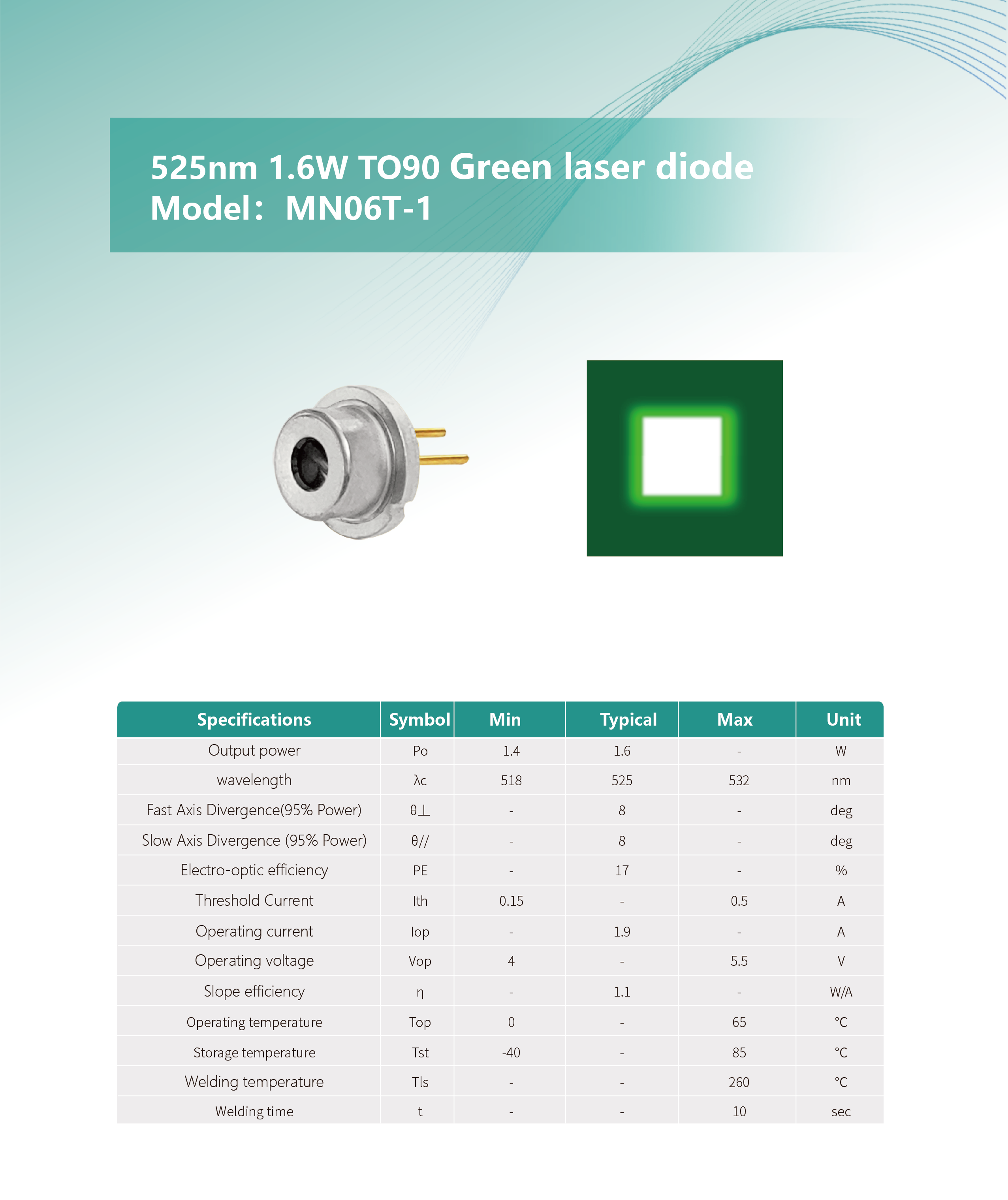 525nm 1.6W TO9 绿光激光二极管 MN06T-1 英文