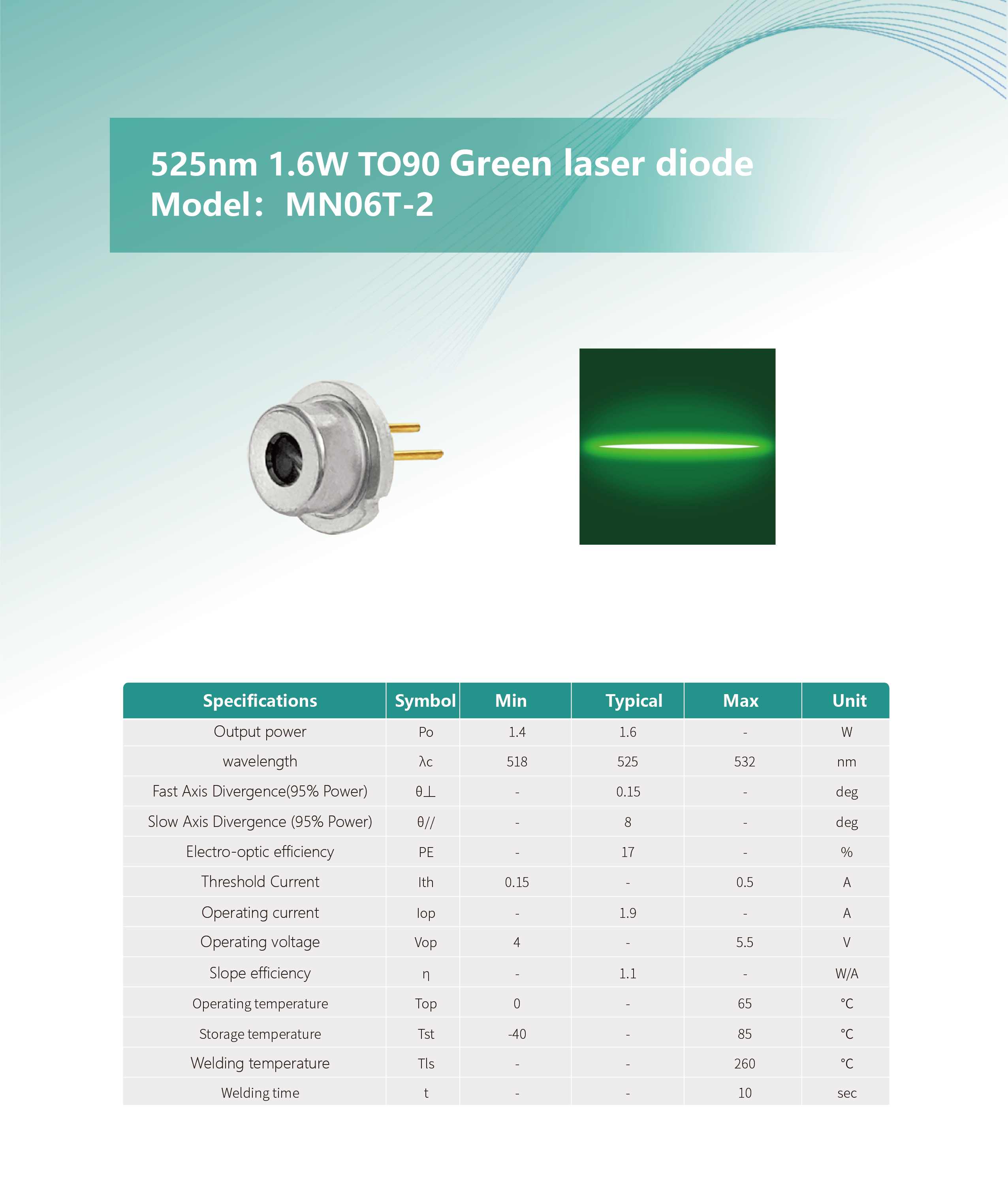 525nm 1.6W TO9 绿光激光二极管 MN06T-2 英文