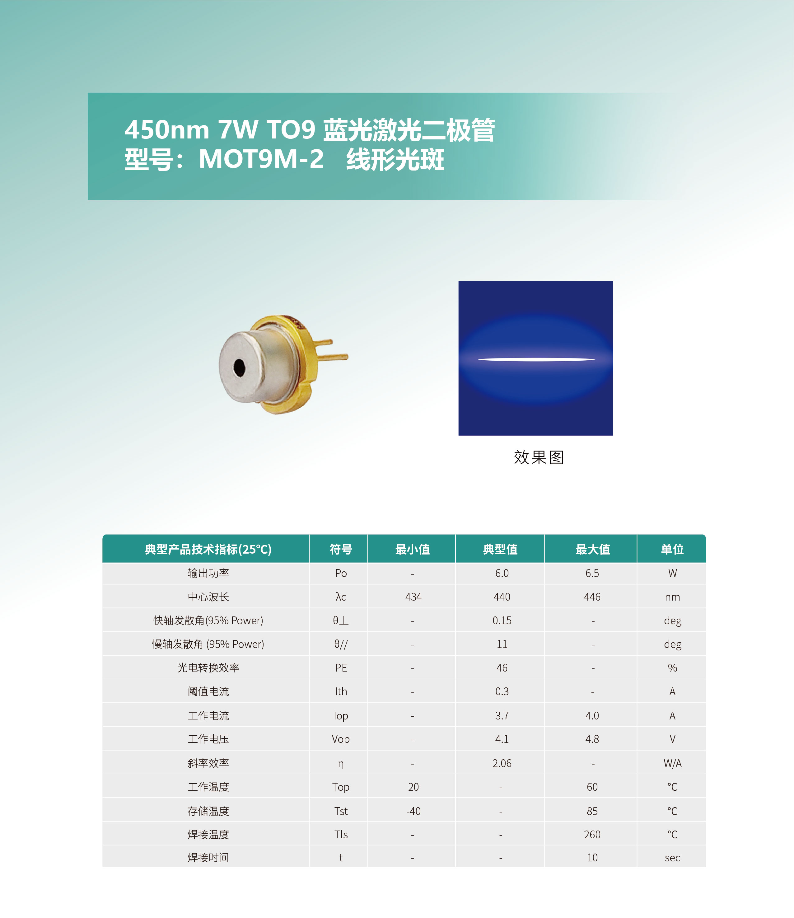 450nm-7W-TO9--蓝光激光二极管（MOT9M-2）